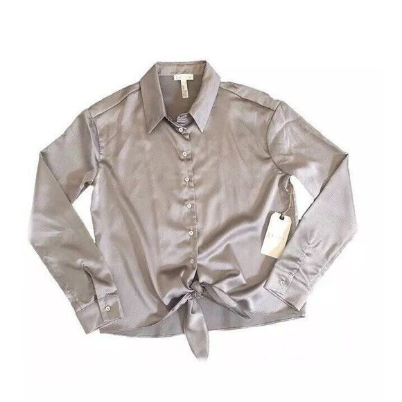 Leith Women's Satin Front Knot Tie Long Sleeve Blouse Made In USA Grey Sz S NWT - Picture 3 of 7